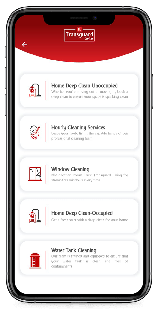 Service Options Displayed on Transguard Living Mobile App