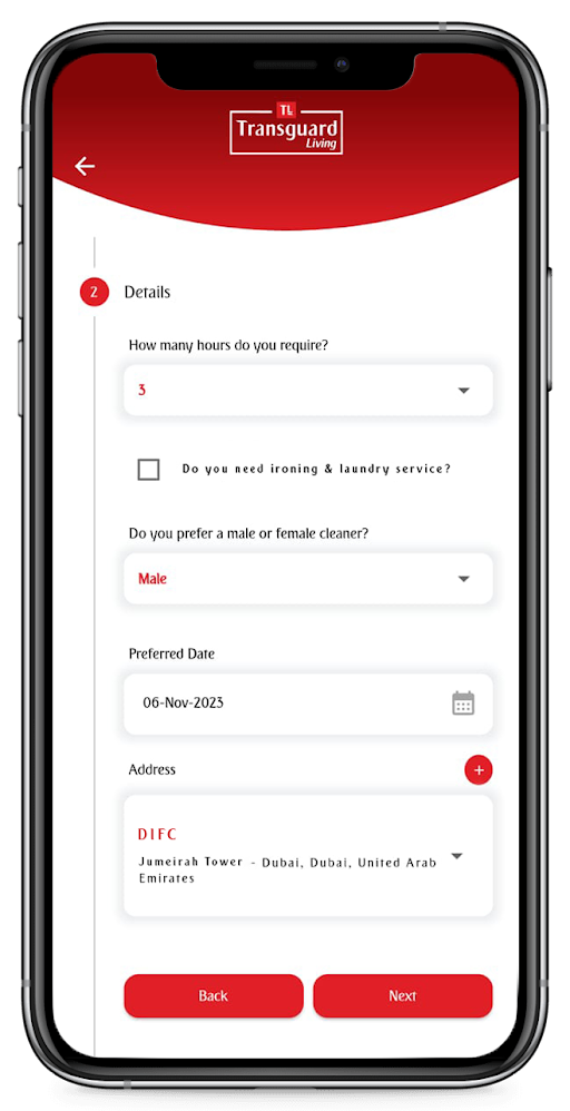 Transguard Living Mobile App booking details