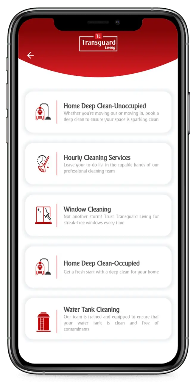 Service Options Displayed on Transguard Living Mobile App