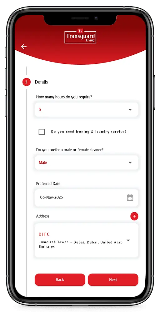 Transguard Living Mobile App booking details