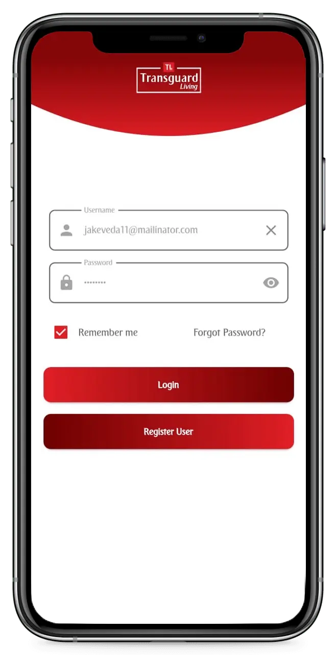 Transguard Living Mobile App login form